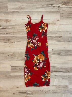 Red Floral Spaghetti-Strap Bodycon Dress